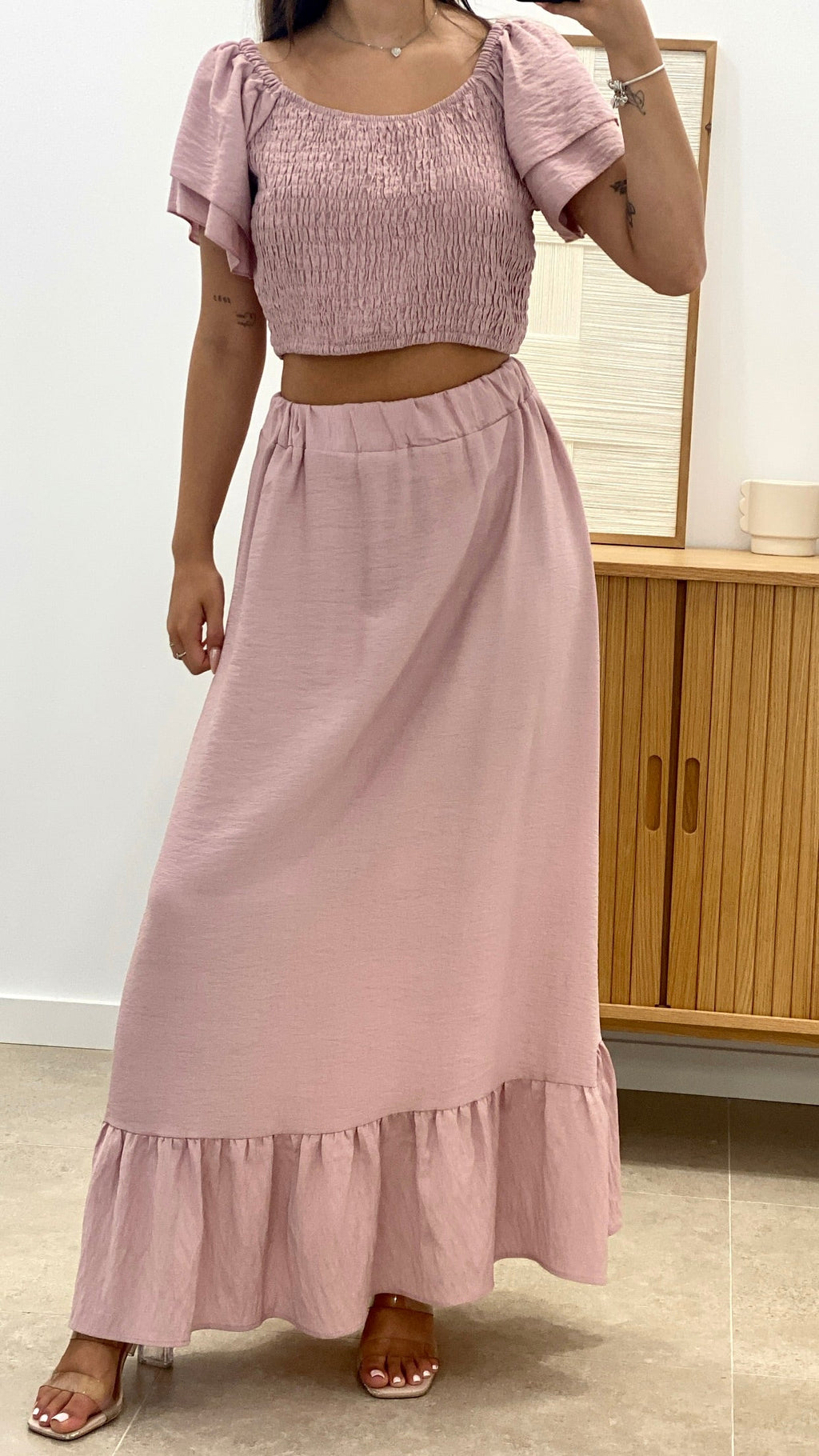 CONJUNTO TOP MANGA VOLANTES  Y FALDA LARGA