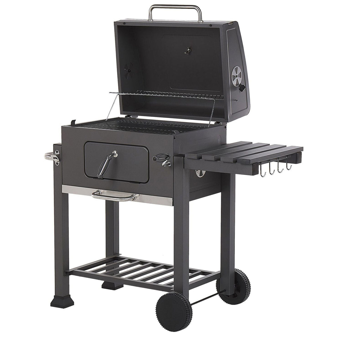 Barbacoa De Carbón Parrilla De Acero Gris Con Tapa Rejilla Ruedas 2 Estantes Termómetro Cenicero Extraíble Jardín Pavlof - Gris