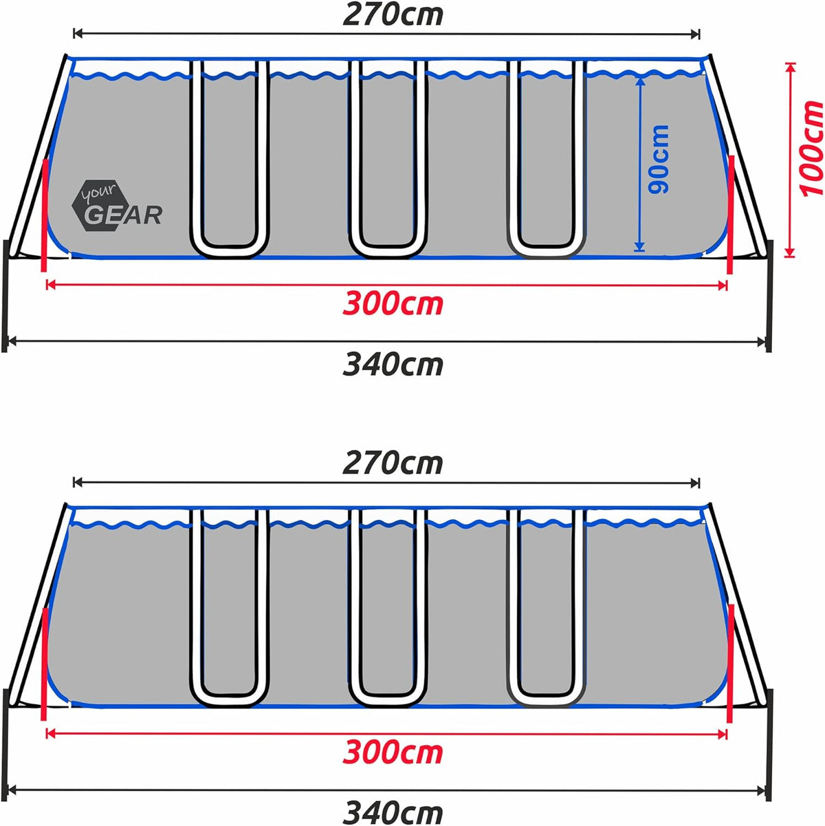 yourGEAR Piscina Familiar XL 3x3m - Piscina de Jardín con Marco de Acero Duradero, 8100L