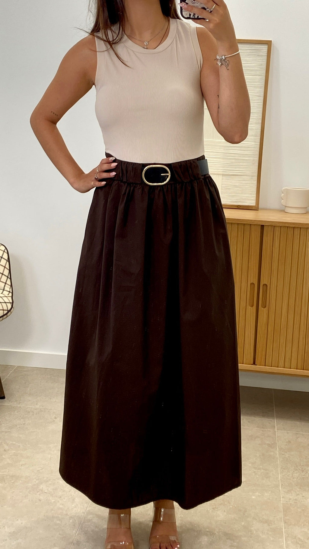 VESTIDO LARGO COMBINADO + CINTURÓN POLIPIEL