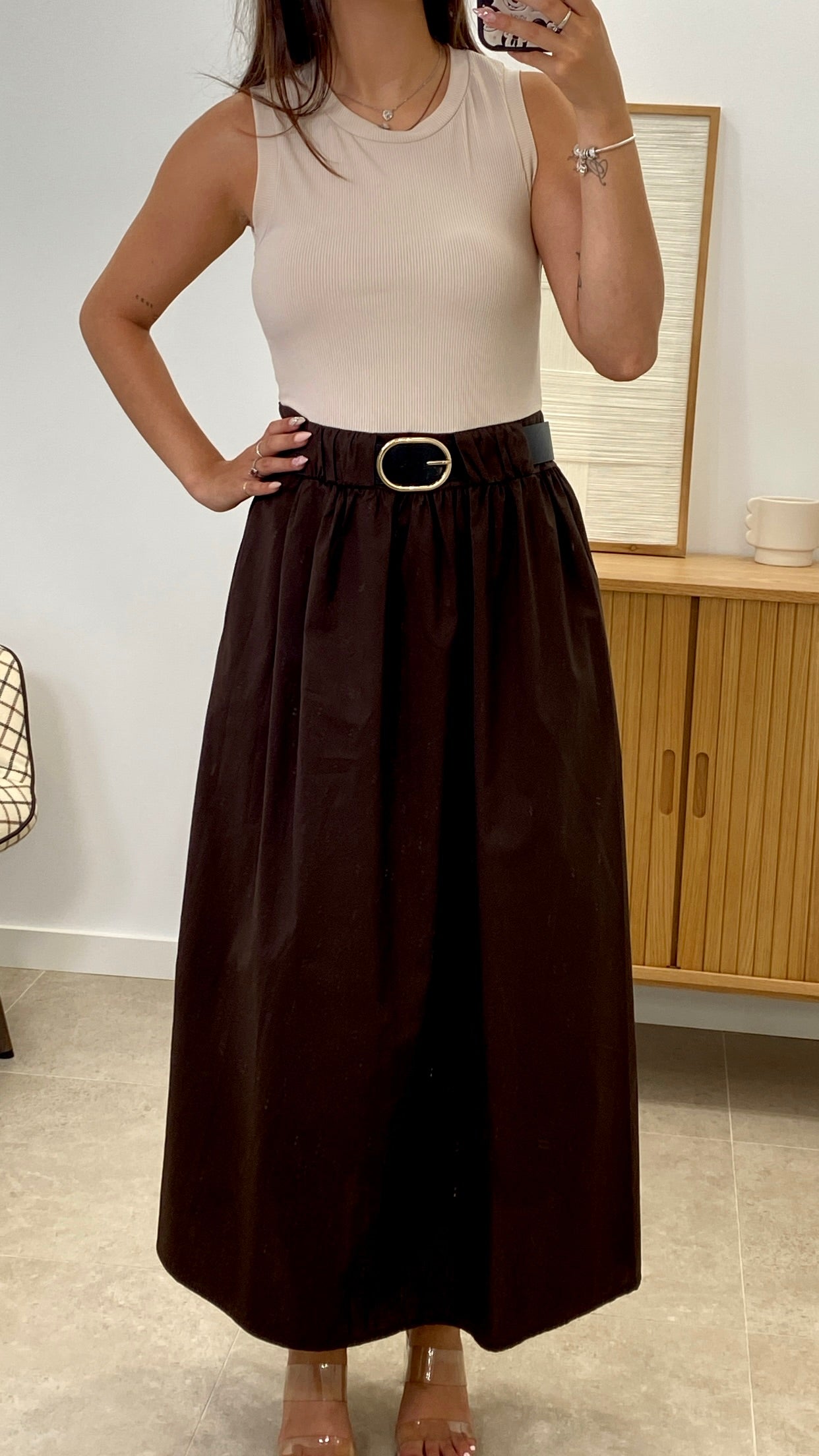 VESTIDO LARGO COMBINADO + CINTURÓN POLIPIEL