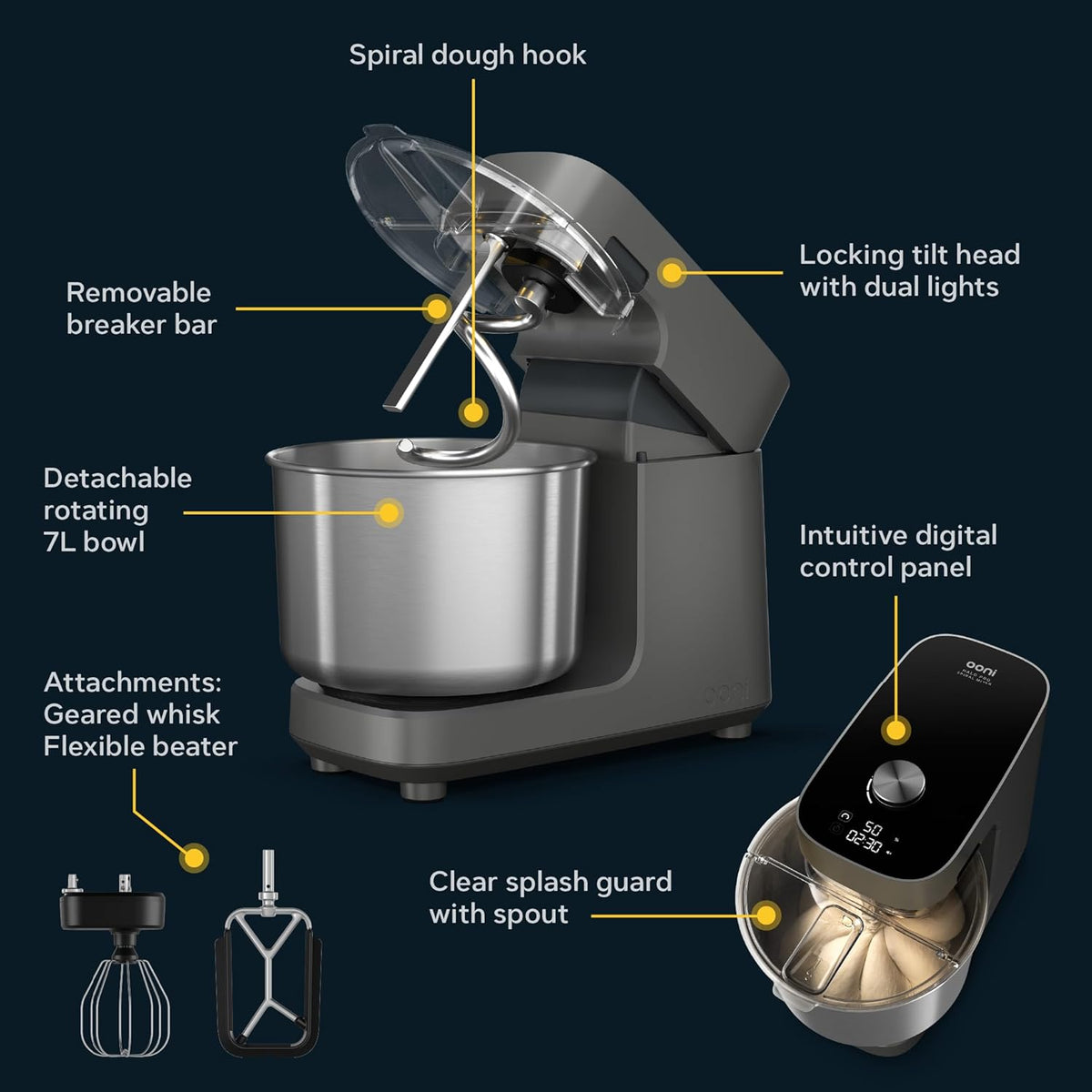 Ooni Halo Pro Mezcladora Profesional de Masa en Espiral 7,3L con Accesorios, 58 Velocidades – Ideal para Pan y Pizza – Gris Antracita