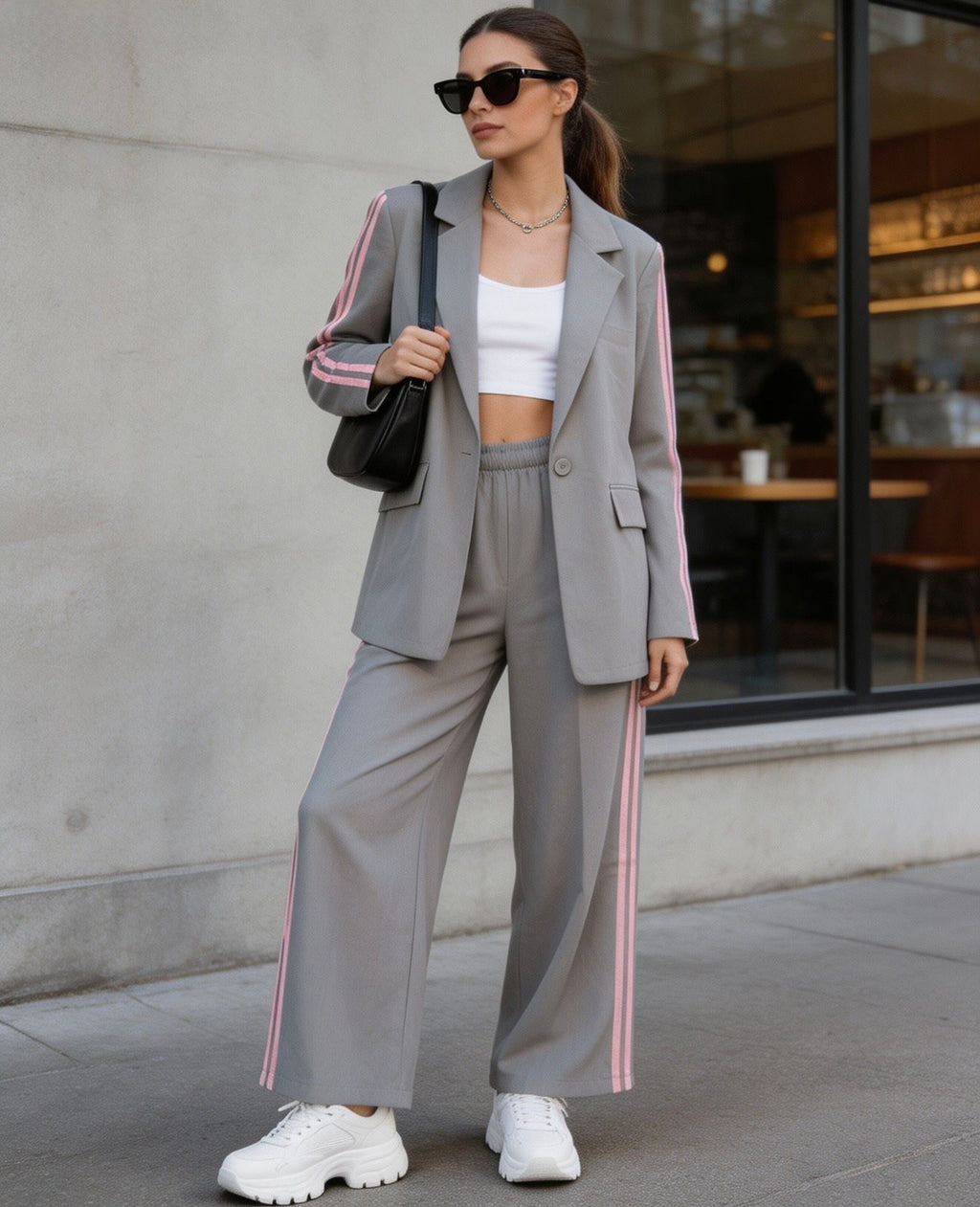 Conjunto de Americana Clásica con Botones Frontales y Pantalón Engomado Doble Línea Lateral para Looks Profesionales y Casuales