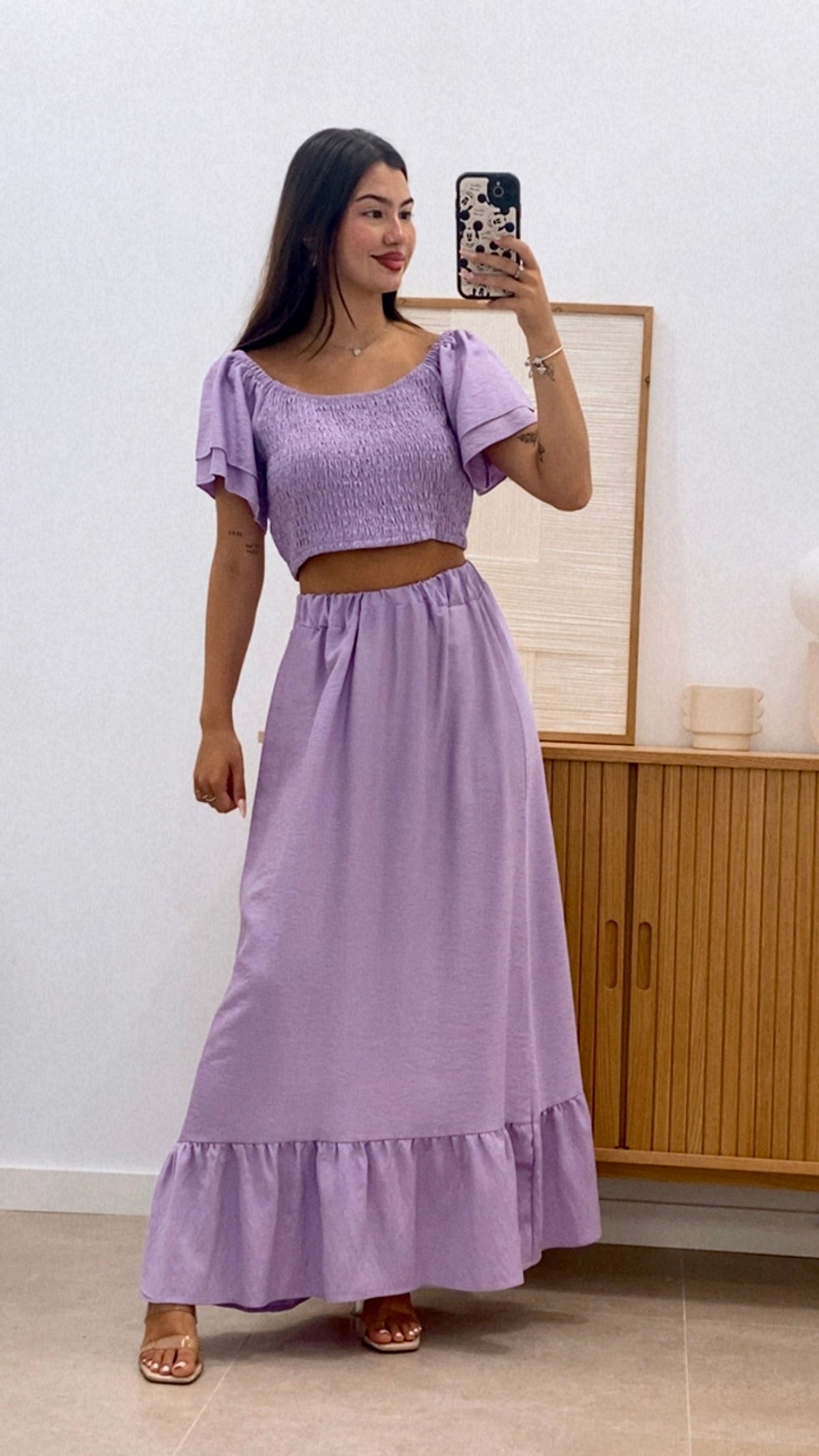 CONJUNTO TOP MANGA VOLANTES  Y FALDA LARGA