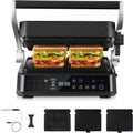 AMZCHEF Parrilla Eléctrica con 6 Programas, Función Sear hasta 280°C, Modo Manual, Sensor de Temperatura, Placas Desmontables y Bandeja para Gofres, Ideal para Carne, Pescado, Paninis y Gofres