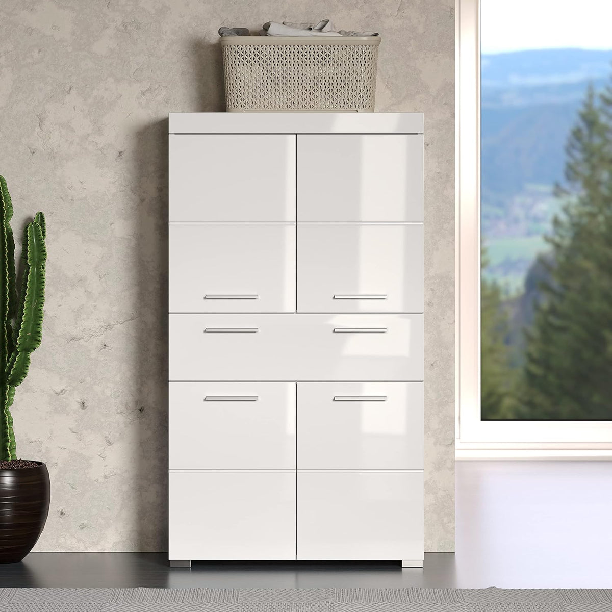 trendteam smart living Armario Alto para baño Amanda, 73 x 132 x 31 cm, en Blanco y Blanco de Brillo Intenso con cajón y abundante Espacio de Almacenamiento