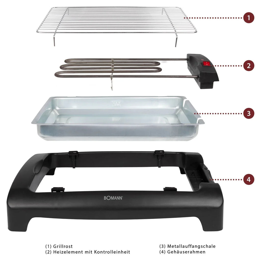 Bomann Bq 1240 - Barbacoa Eléctrica Con Parrilla Cromada De 35,5 X 24,5 Cm, 2000 W, Color Negro