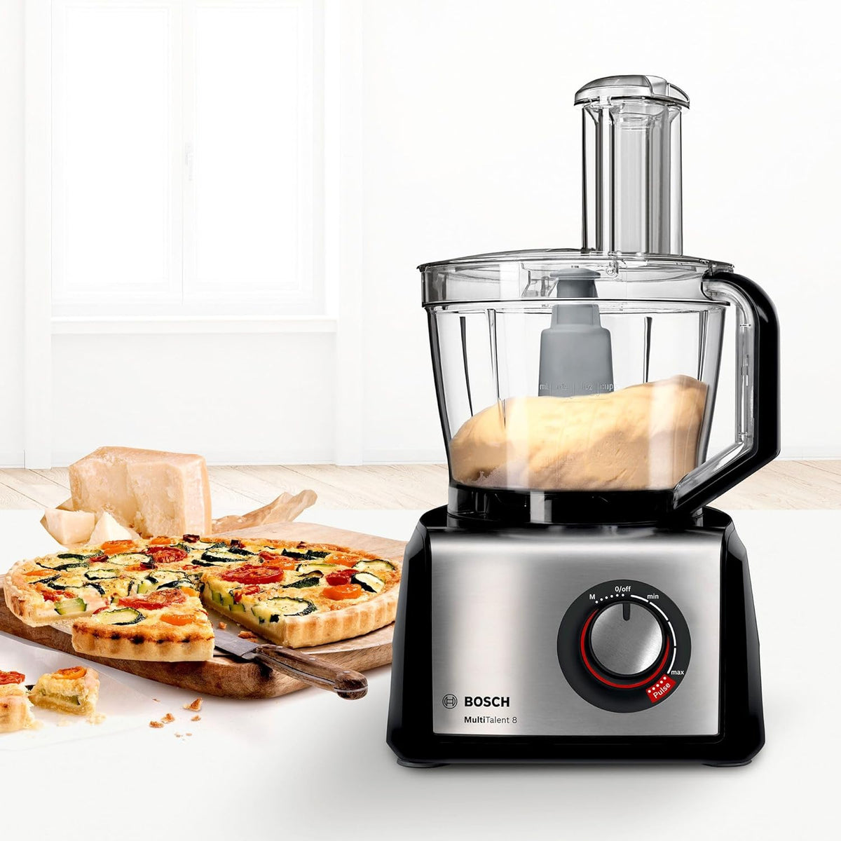 Bosch MultiTalent 8, Robot kuchenny z tarczą do frytek i młynkiem do ziaren, 1250 W, duża misa 3,9 l, mikser 1,5 l, wyciskarka do cytrusów, wyświetlacz LED, MC812M844, biały, szczotkowana stal