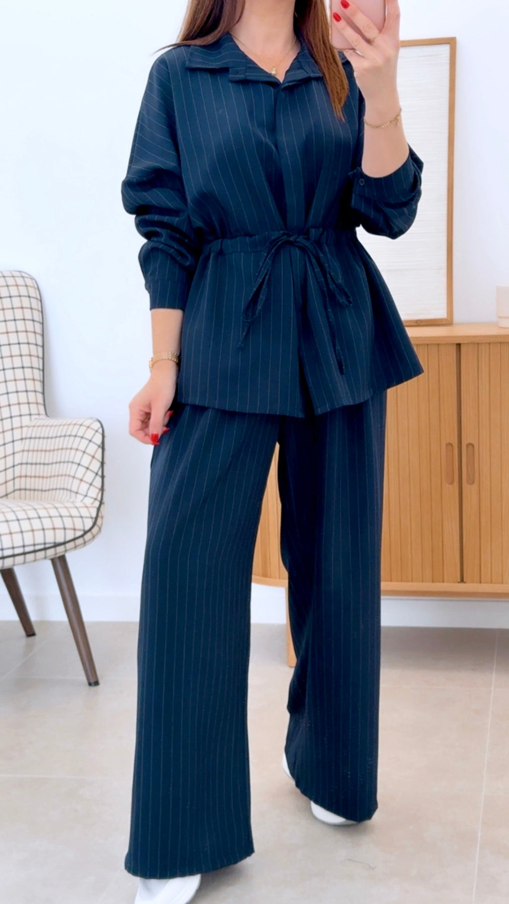 CONJUNTO RAYAS CAMISA CINTURA ENGOMADA Y PANTALÓN