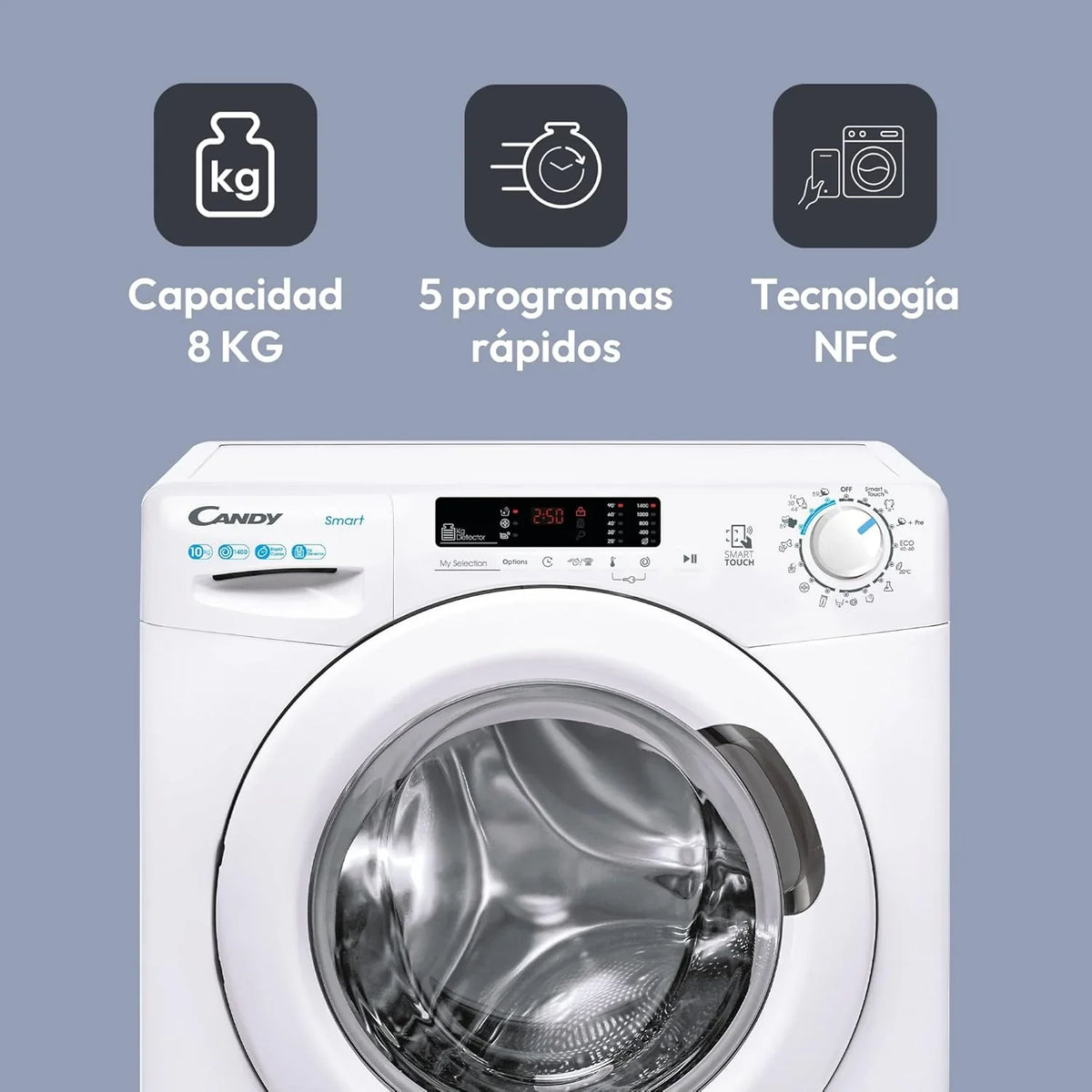 Candy Smart CS 14102DE/1-S, Washing Machine 10 kg, 1400 RPM, Digital Display and Control, NFC Technology, Voice Assistant, 15 Cycles, 5 Fast, Easy Ironing, Delay Start 24H, KG Detector, 81 DB, White