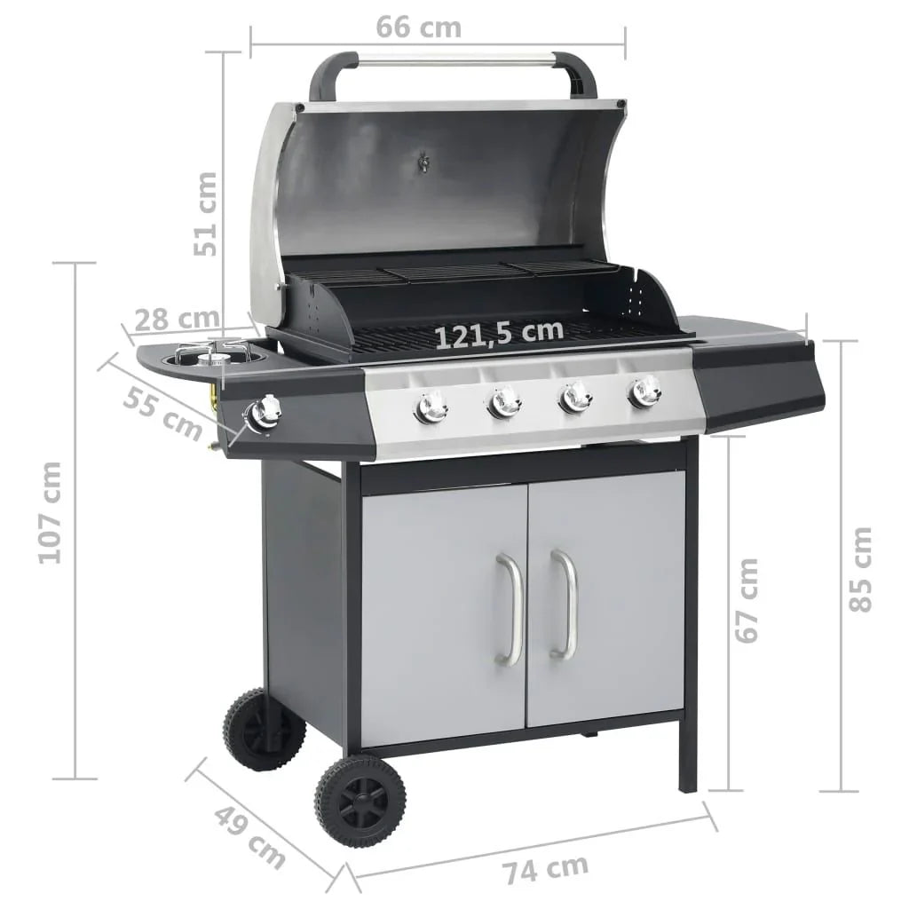 Barbacoa Grill De Gas 4+1 Quemadores Negra Y Plateada Vidaxl