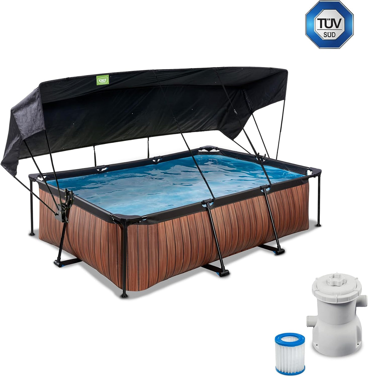 EXIT Toys Wood Pool con Toldo Solar - 220x150x65cm - Piscina de Marco Rectangular Compacta con Bomba de Filtro de Cartucho - Protección UV Óptima - Fácil Acceso - Diseño Único - Marrón