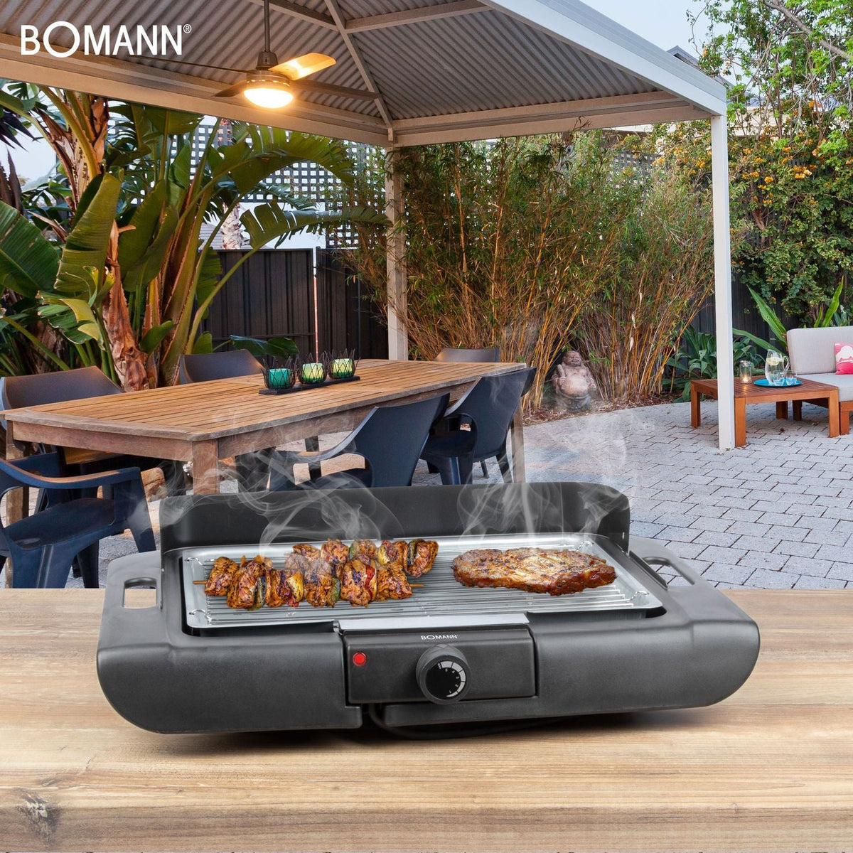 Barbacoa Eléctrica, Parrilla Cromada 36 X 25 Cm, Termostato, Frontal Antiviento, Bandeja Antigoteo Negro 2000w Bomann Bq 2243 Cb