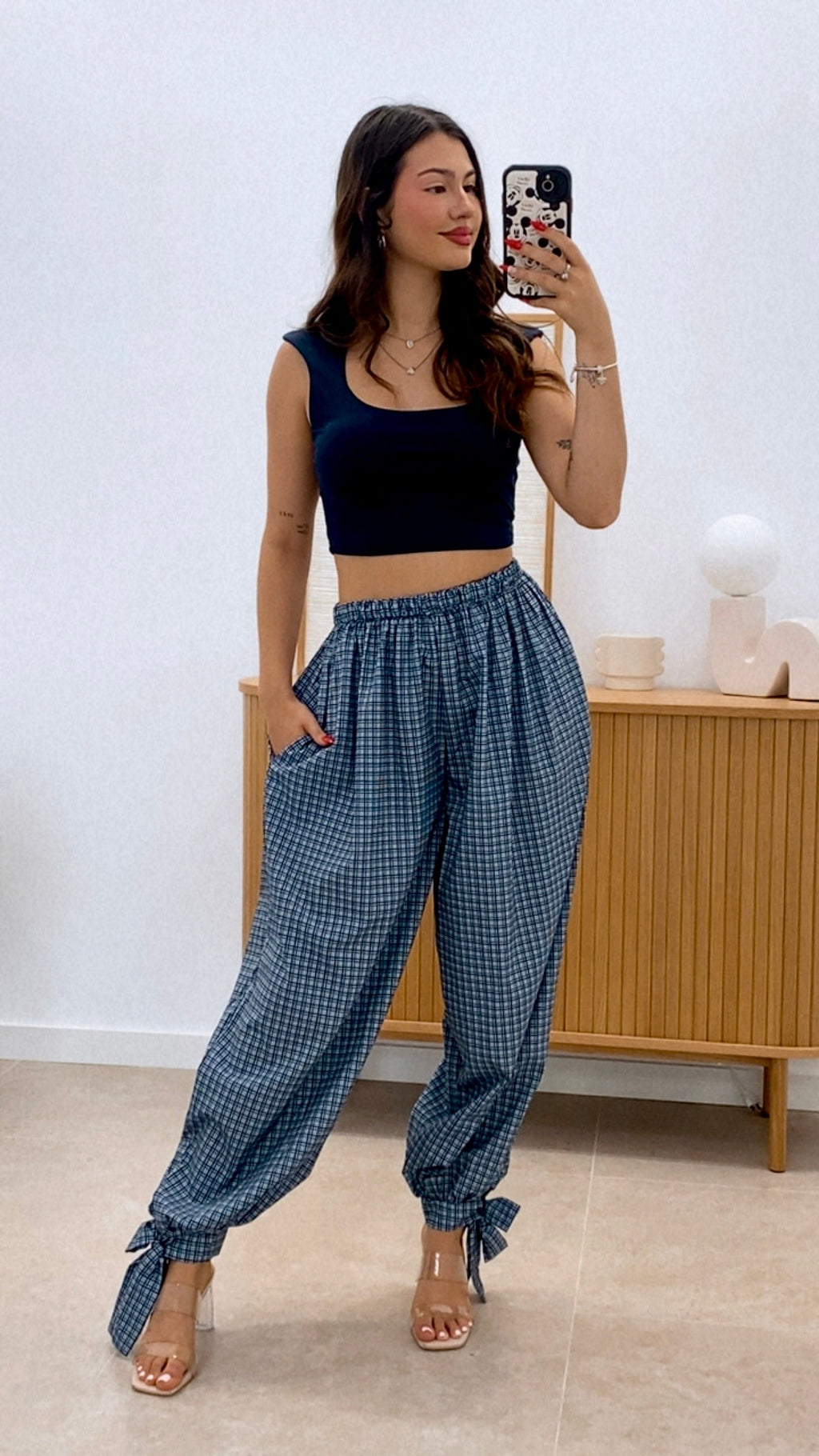 PANTALÓN BAJO LAZO CUADRITOS