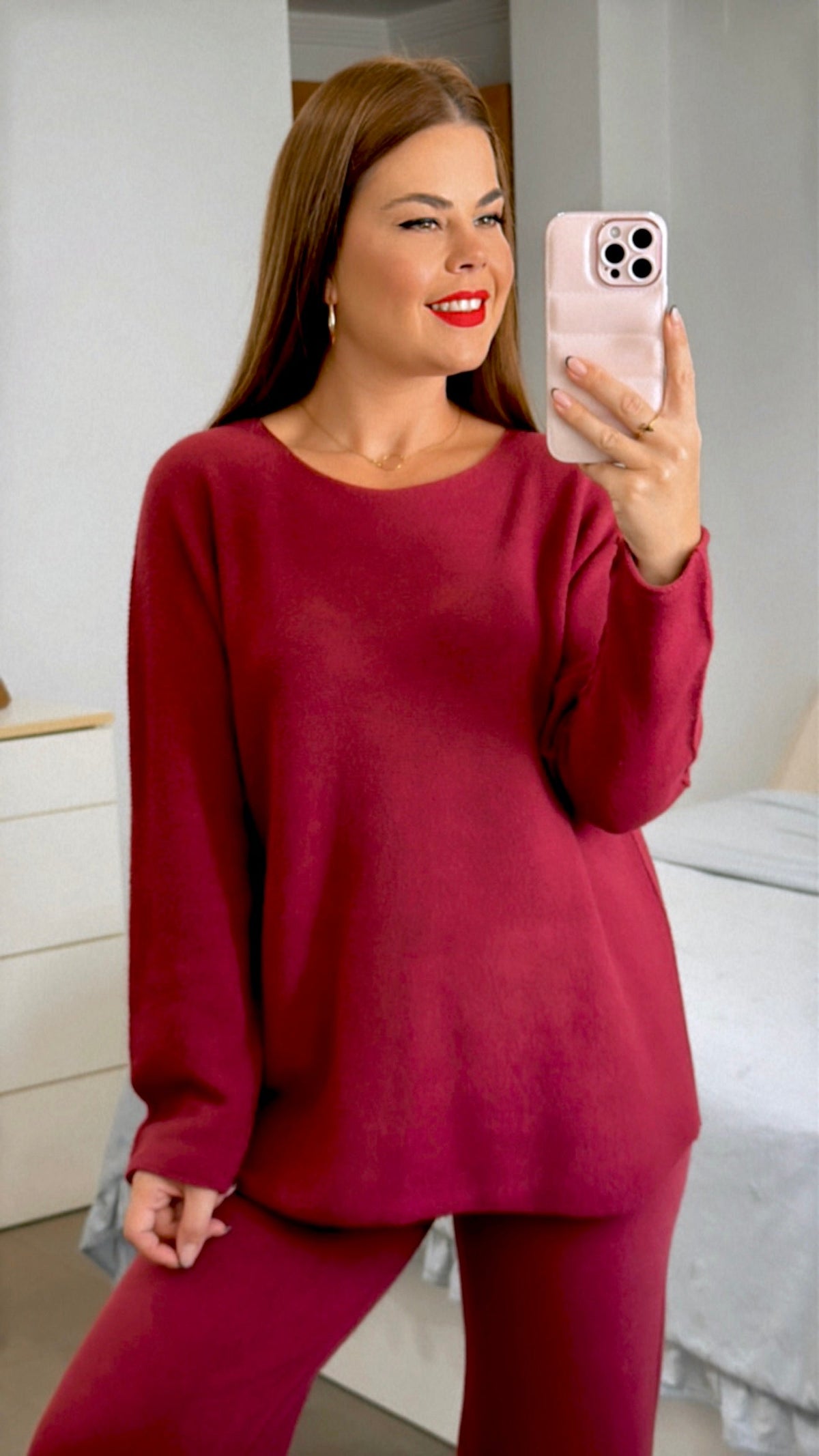 CONJUNTO PUNTO COLOR TOTAMONA Conjunto Punto de Dos Piezas, Camiseta de Manga Larga, Cuello Redondo, Pantalón con Elástico en la Cintura, Punto Medio, Cómodo y Versátil, Ropa de Mujer, para Uso Diario, Especial para Otoño, Invierno y Entretiempo.