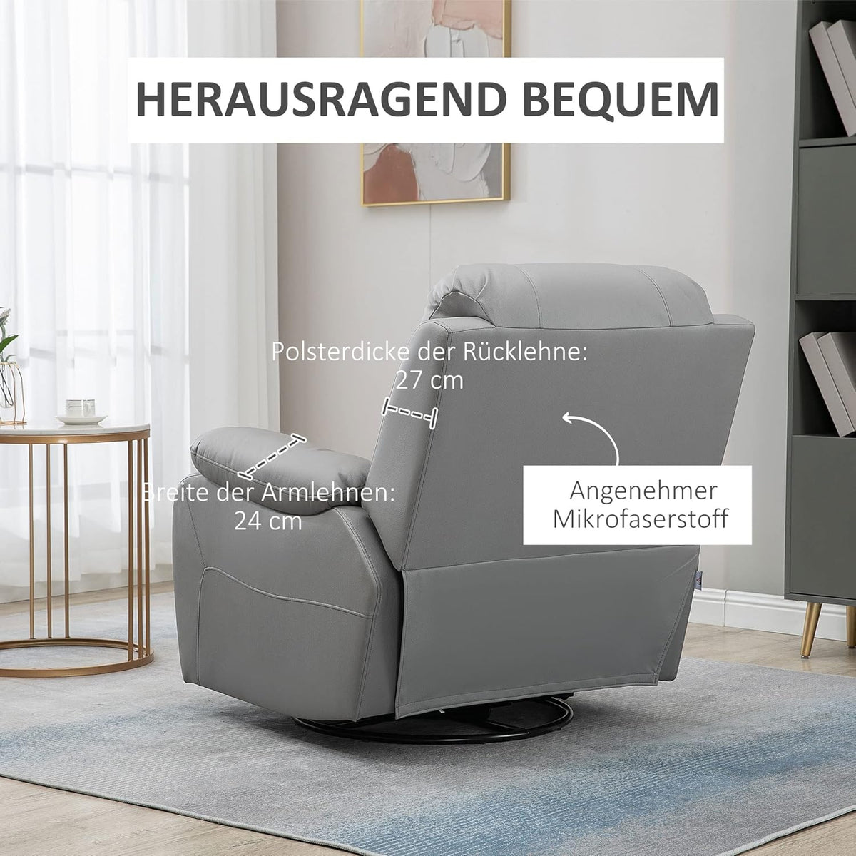 HOMCOM fotel rozkładany 135°, obrotowy fotel TV z podnóżkiem do sypialni w salonie, ładowność do 150 kg poliester zielony