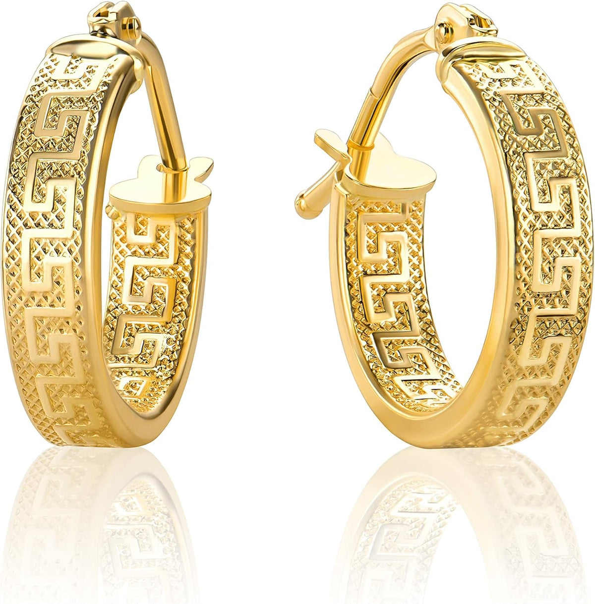 Pequeños pendientes de aro con llave griega de oro amarillo de 18 quilates/750 diamantados (2 x 14 mm Ø) - PRI37A