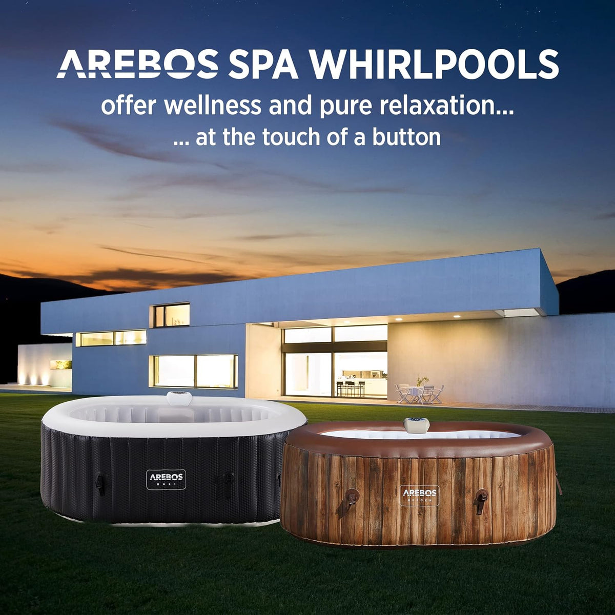 Arebos Bañera de hidromasaje con iluminación LED | SPA Hinchable | Interior y Exterior | 190x120 cm Ovalada | 2 Personas | 90 chorros de Masaje | con calefacción | 550 litros | Incl. Cubierta