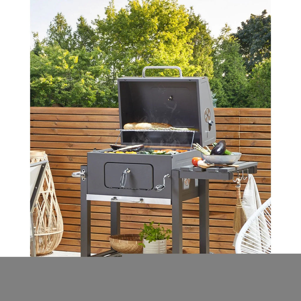 Barbacoa De Carbón Parrilla De Acero Gris Con Tapa Rejilla Ruedas 2 Estantes Termómetro Cenicero Extraíble Jardín Pavlof - Gris