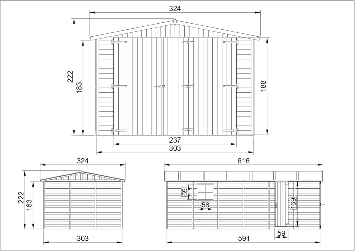 Garaje de Madera Natural - cobertizo en Pino/Abeto - A222x616x324 cm / 18 m² - Construcción Paneles - Taller de jardinería - Almacén de automóviles, cobertizo para Herramientas-TIMBELA M102