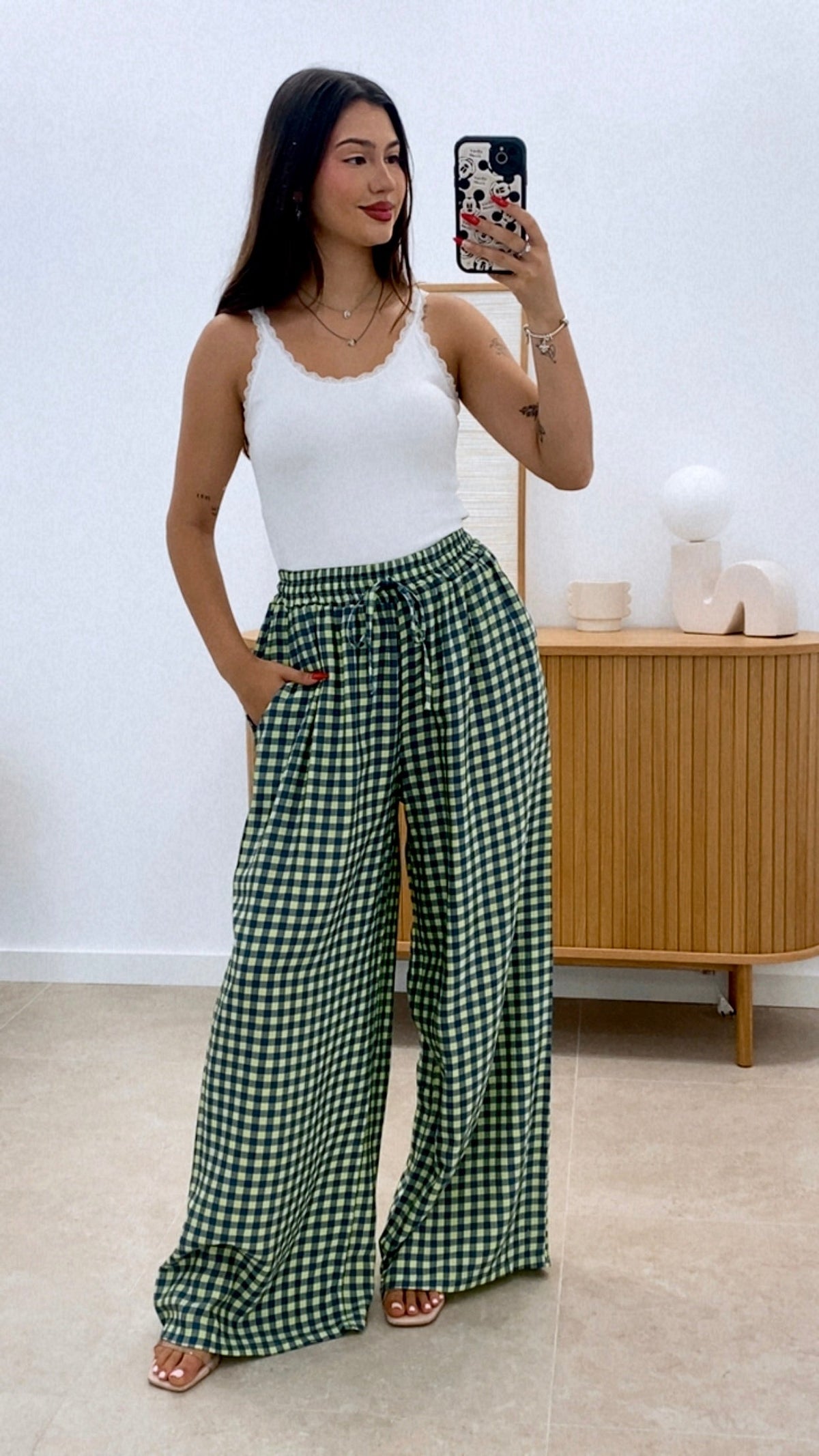 PANTALÓN CUADROS BICOLOR CINTURA ENGOMADA