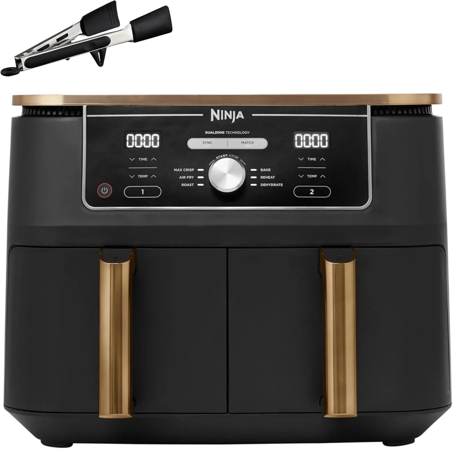 Ninja Foodi MAX Dual Compartment Air Fryer, 9.6L, 6-in-1, No Oil, Max Crisp, Roast, Bake and More, Tongs, 8 Servings, Non-Stick Baskets, Copper & Black, AF400EUCP