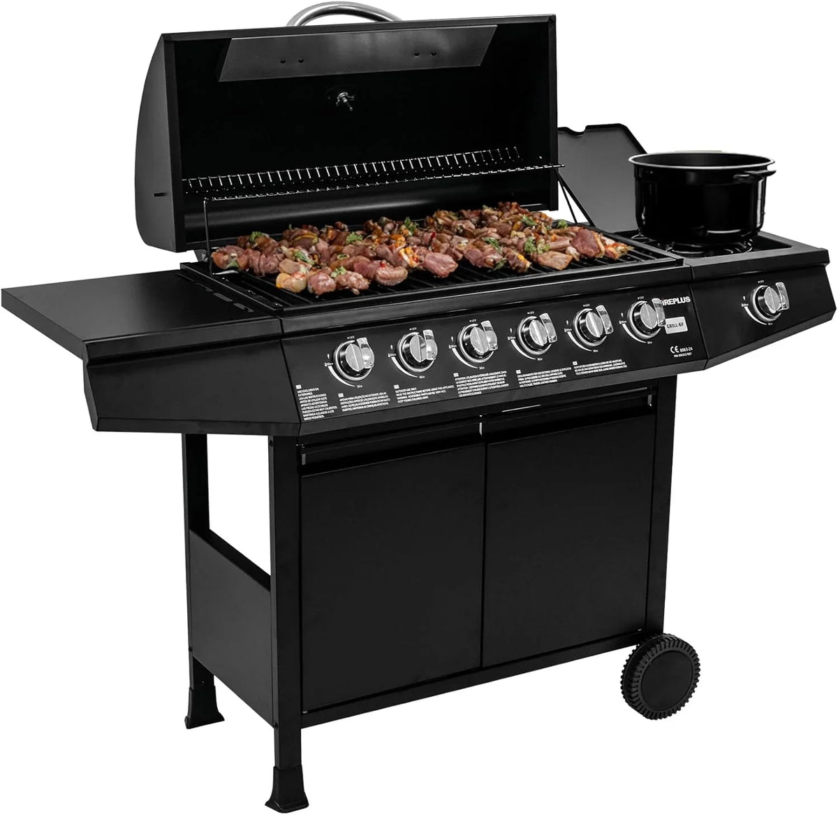 Amig - Fireplus 3+1 8.4 kW gas barbecue - Black stainless steel - Grill with wheels Model GRILL-3F - XXL barbecue with trolley and thermometer - 117x52x103cm - 4 burners and side tray