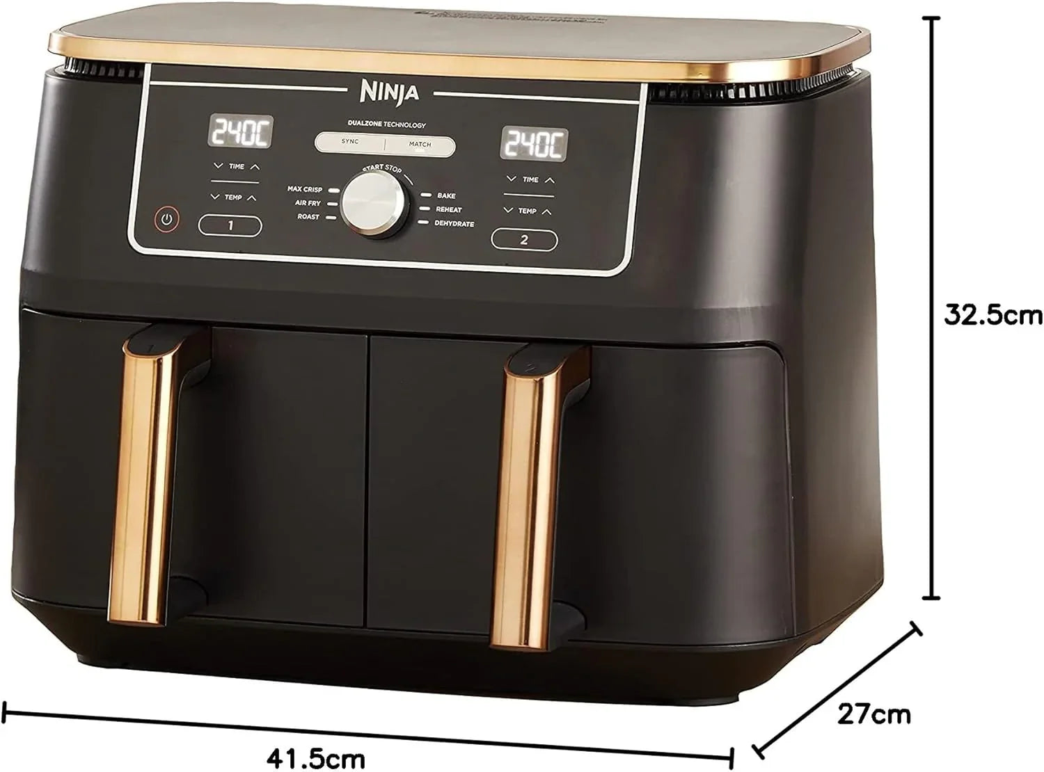Ninja Foodi MAX Dual Compartment Air Fryer, 9.6L, 6-in-1, No Oil, Max Crisp, Roast, Bake and More, Tongs, 8 Servings, Non-Stick Baskets, Copper & Black, AF400EUCP