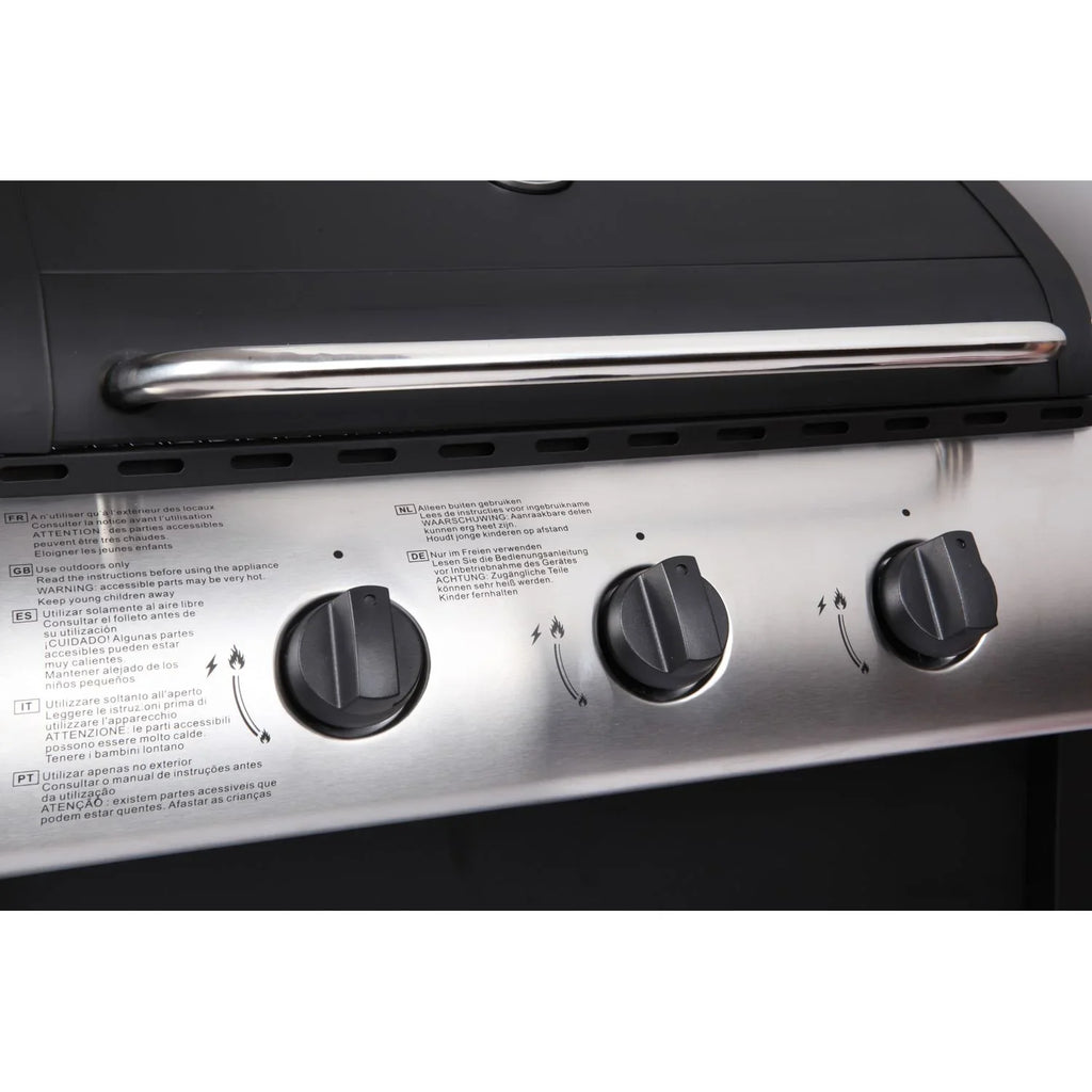 Lofoten - Barbacoa De Gas Para Exterior 3 Quemadores De 8,4 Kw Sobre Ruedas Con Tapa, 2 Parrillas De Acero Cromado, 2 Estantes Laterales, 1 Bandeja Baja Y Termómetro - Negro