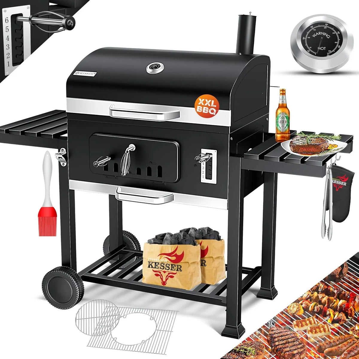 KESSER® Charcoal Grill with Grill Cart with Lid, Wheels, Stainless Steel Handle | Barbecue and Thermometer Charcoal Large BBQ Grill Camping Terrace Garden XXL Black