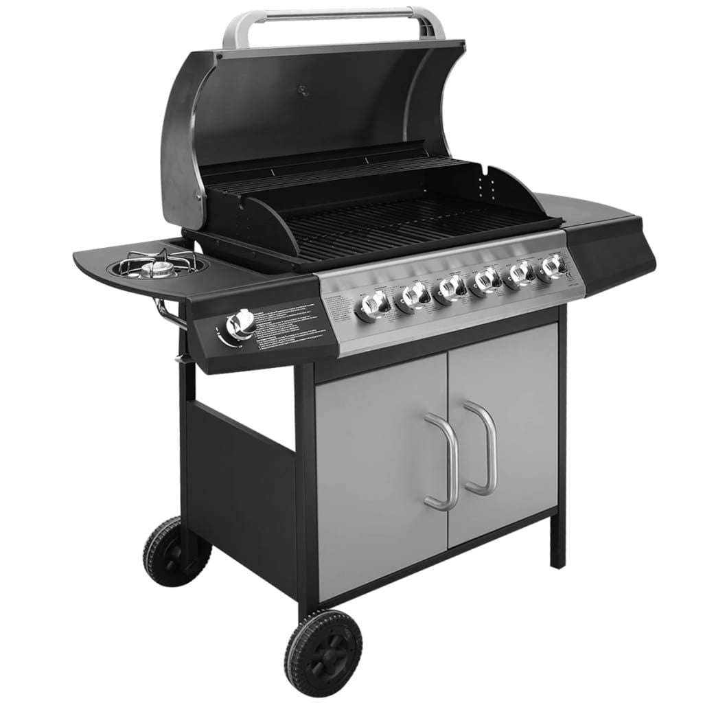 Barbacoa Grill De Gas 6+1 Quemadores Negra Y Plateada Vidaxl