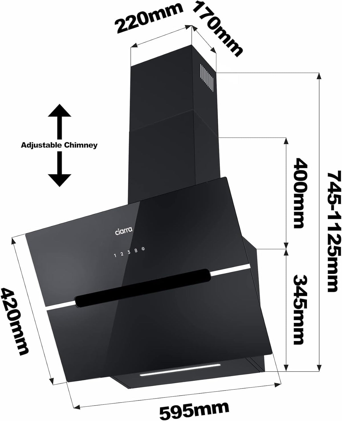CIARRA CBCB6736F Campana Extractora 60cm CLase A+++ Wi-Fi App Touch-Booster Evacuación al Exterior y Recirculación Interna por Filtro de Carbón CBCF003