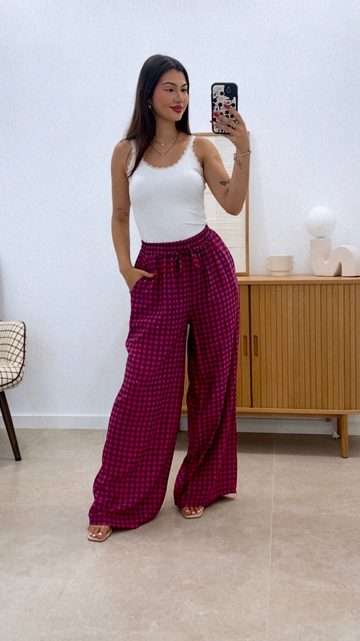 PANTALÓN CUADROS BICOLOR CINTURA ENGOMADA