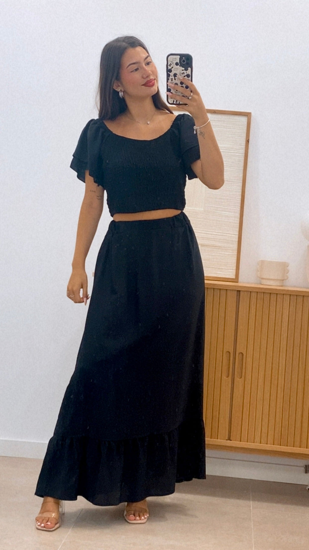 CONJUNTO TOP MANGA VOLANTES  Y FALDA LARGA