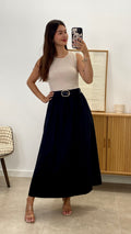 VESTIDO LARGO COMBINADO + CINTURÓN POLIPIEL