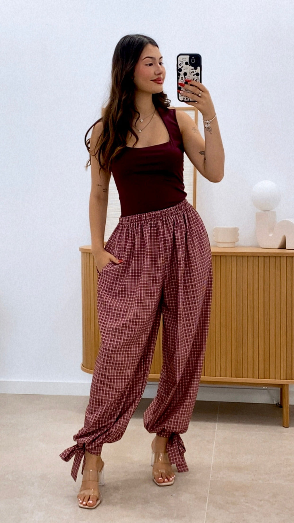 PANTALÓN BAJO LAZO CUADRITOS