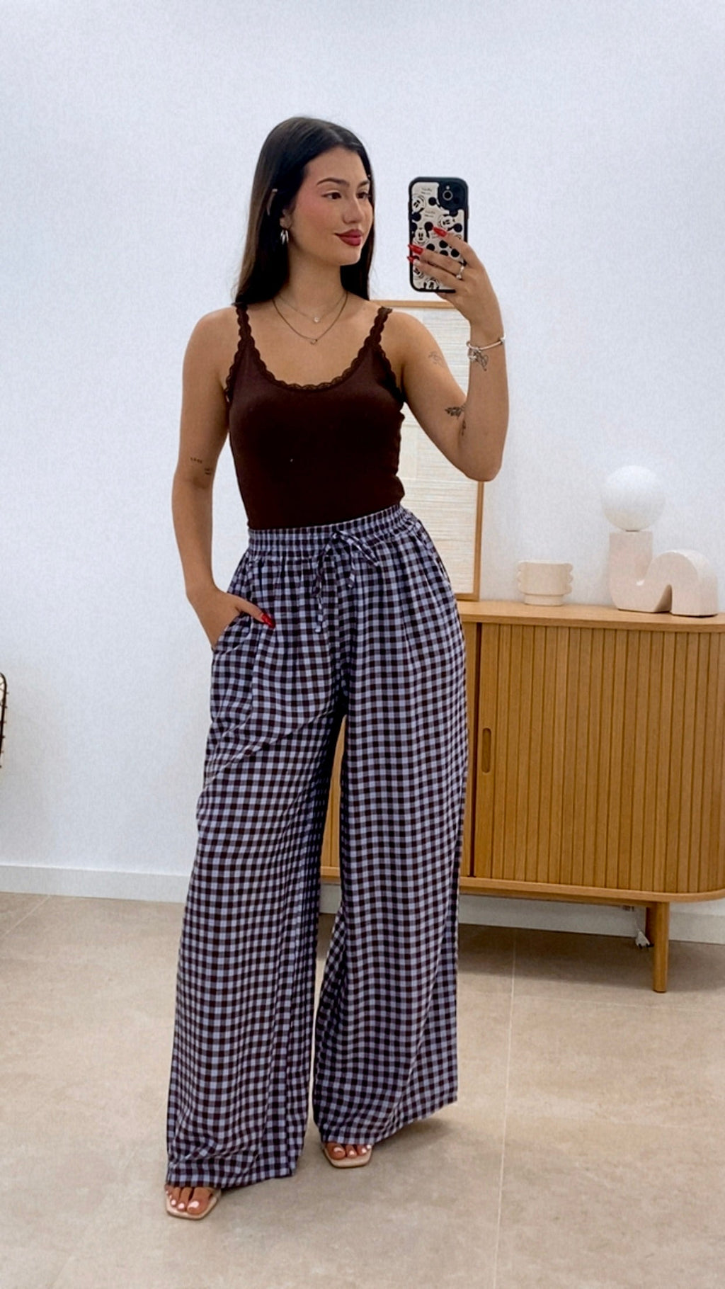 PANTALÓN CUADROS BICOLOR CINTURA ENGOMADA