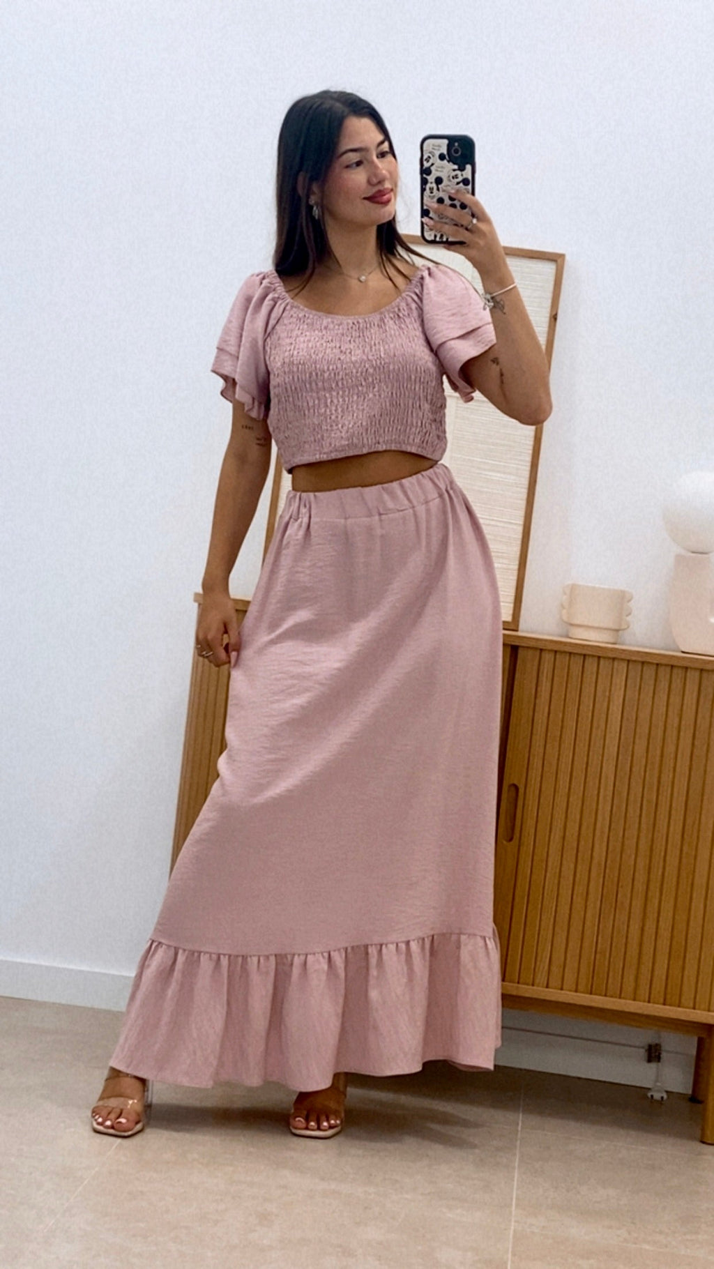 CONJUNTO TOP MANGA VOLANTES  Y FALDA LARGA