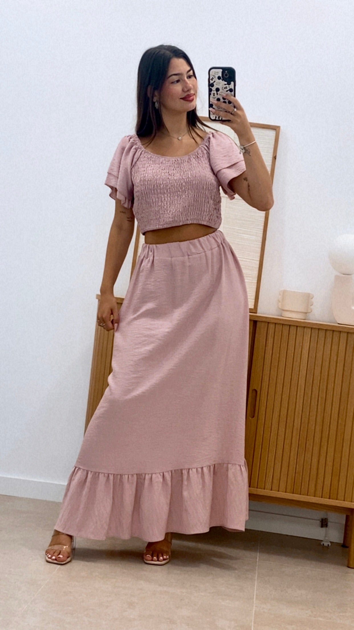 CONJUNTO TOP MANGA VOLANTES  Y FALDA LARGA