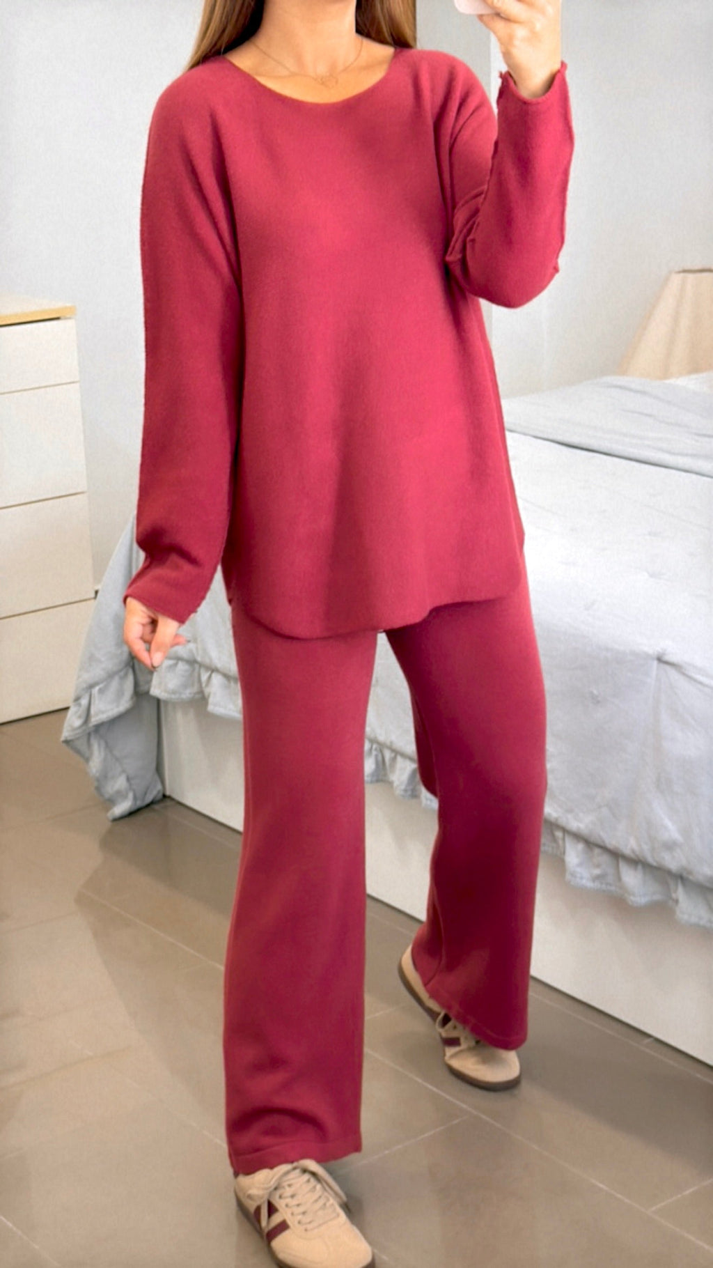 CONJUNTO PUNTO COLOR TOTAMONA Conjunto Punto de Dos Piezas, Camiseta de Manga Larga, Cuello Redondo, Pantalón con Elástico en la Cintura, Punto Medio, Cómodo y Versátil, Ropa de Mujer, para Uso Diario, Especial para Otoño, Invierno y Entretiempo.