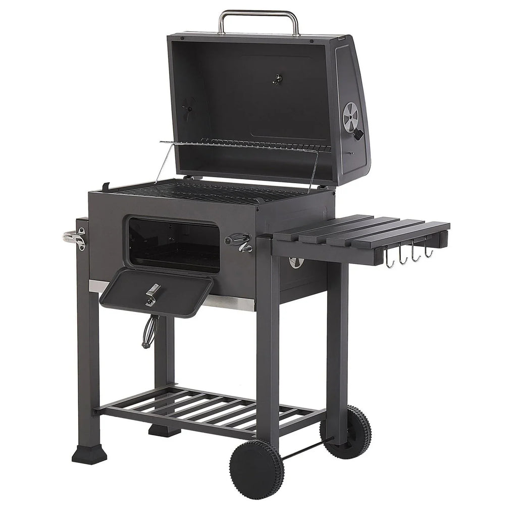 Barbacoa De Carbón Parrilla De Acero Gris Con Tapa Rejilla Ruedas 2 Estantes Termómetro Cenicero Extraíble Jardín Pavlof - Gris