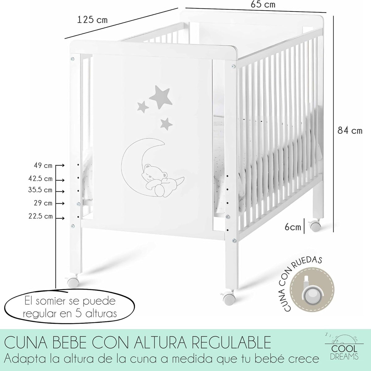 Cuna Colecho de Bebe, Kit para Unir la Cuna con la Cama, Colchón HR Morfeo Certificado Oeko-Tex® y CertiPUR, 4 Ruedas, Sábana Bajera y Encimera de Algodón Natural. Indi CoolDreams CoolDreams