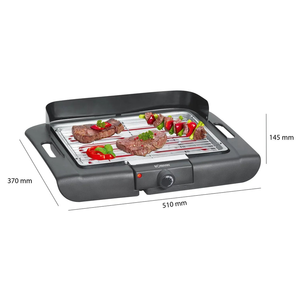 Barbacoa Eléctrica, Parrilla Cromada 36 X 25 Cm, Termostato, Frontal Antiviento, Bandeja Antigoteo Negro 2000w Bomann Bq 2243 Cb