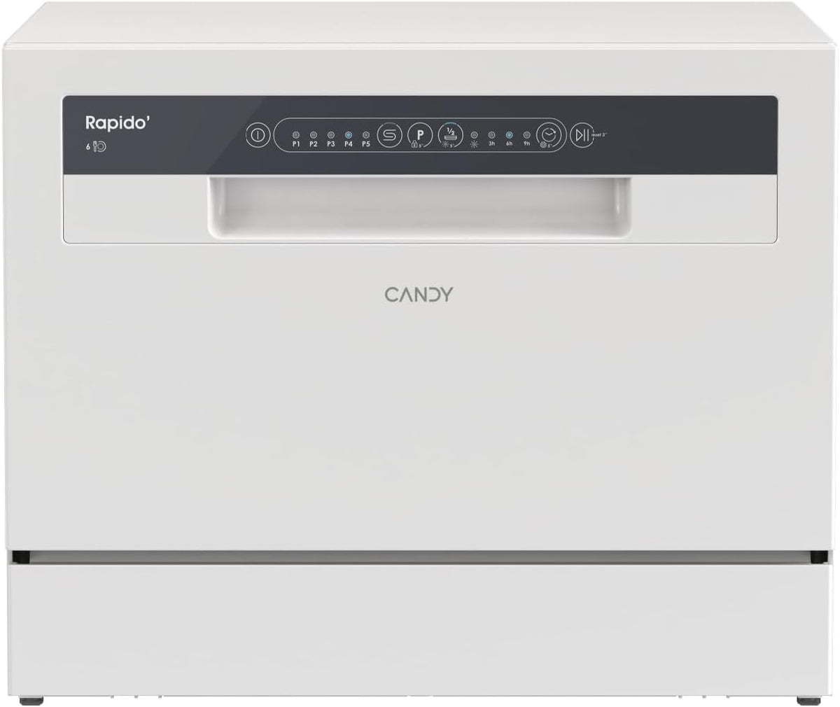 Candy CP 6E51LW Lavavajillas Pequeño y Compacto, 6 Servicios, Digital, 51DBA, 5 Ciclos, Media Carga, Inicio Diferido 3-6-9 horas, Indicador Sal y Abrillantador, Indicador Fin de Ciclo, Blanco