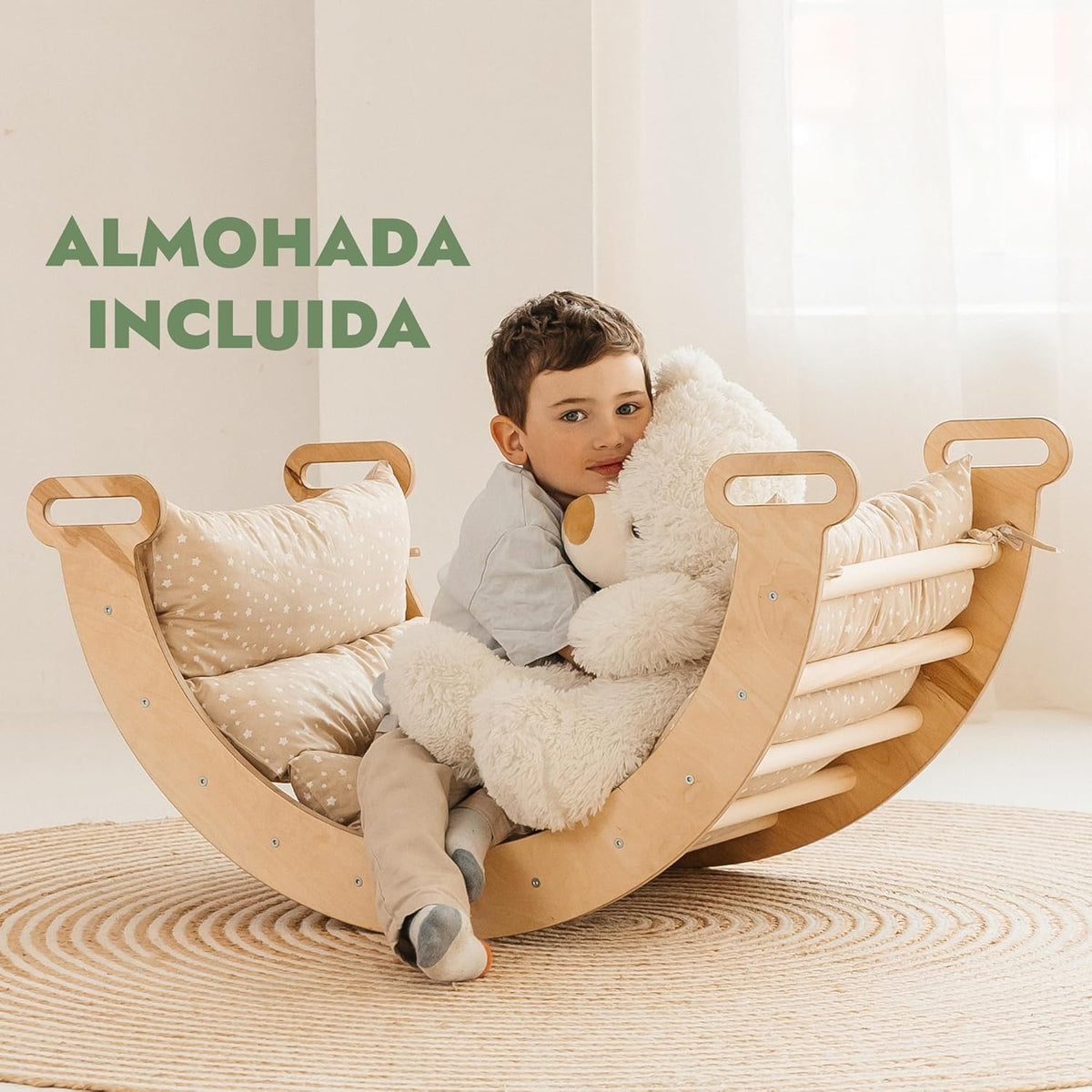 5 en 1 Montessori Juego de Escalada Interior para Niños Pequeños - Gimnasio de Madera para Niños Escalera Triangular & Arco & Rampa de Escalada & Red & Cojín - Gimnasio de Madera para niños pequeños