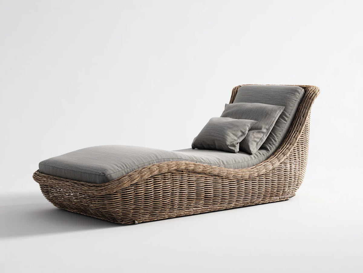 Tumbona de exterior 195x70x85 cm - ratán trenzado y cojín gris - diseño ergonómico para jardín y terraza - estilo natural moderno