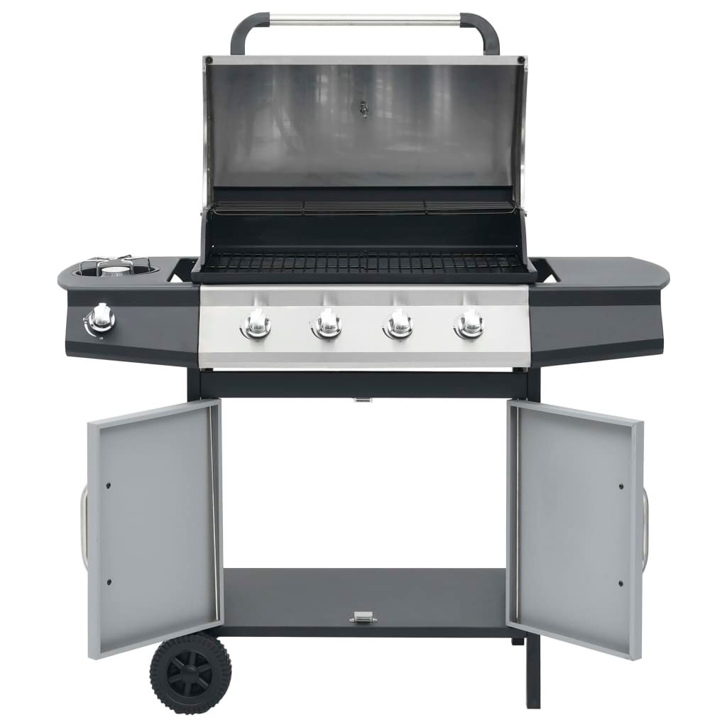 Barbacoa Grill De Gas 4+1 Quemadores Negra Y Plateada Vidaxl