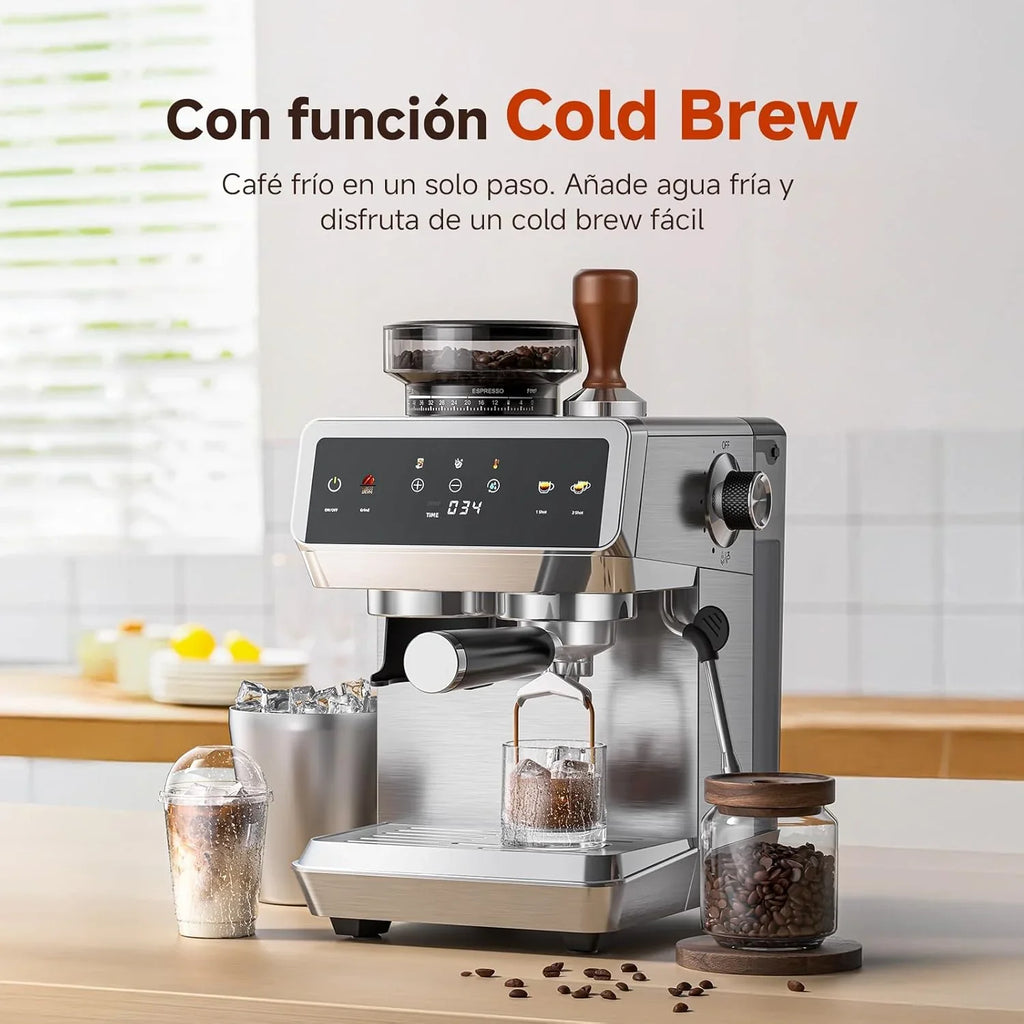 AMZCHEF Espresso Maker with Built-in Grinder 20 Bars – Coffee Machine with 44 Grinding Settings, Milk Steamer, 4 Temperatures, Cold Coffee Function, Stainless Steel, 1.8L Tank
