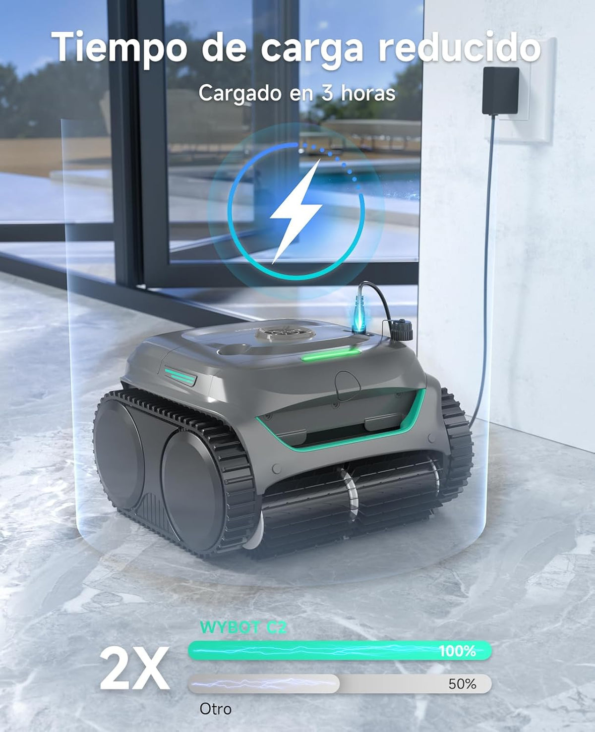 WYBOT C2 Limpiafondos Piscina, Robot Limpiafondos Piscina Inalámbrico 150㎡, Doble Filtración, 3 Motores, Succión Potente, Limpieza Paredes & Línea de Agua, 180 Min, App(Gris-Verde Gris)