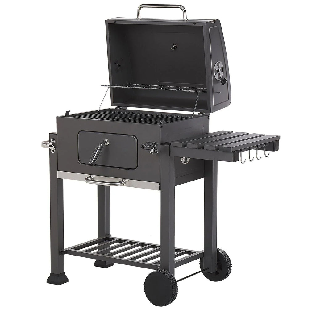 Barbacoa De Carbón Parrilla De Acero Gris Con Tapa Rejilla Ruedas 2 Estantes Termómetro Cenicero Extraíble Jardín Pavlof - Gris